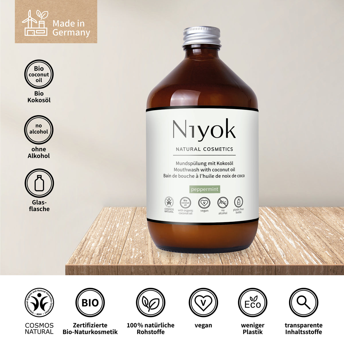 Mundspülung (Pfefferminze) – Antibakteriell & Frisch – Mit Kokosöl – Ohne Alkohol & Fluorid – Vegan