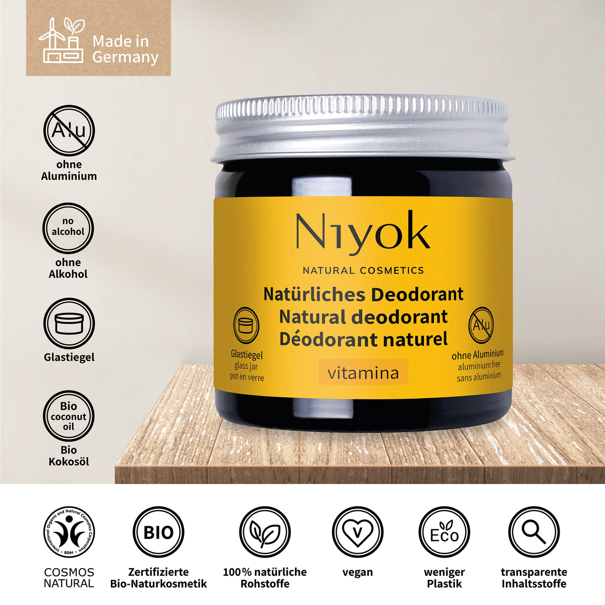 Deocreme (Vitamina) – Süß-fruchtiger Duft – 2 in 1 Antitranspirant + Schutz – Vegan & ohne Aluminium
