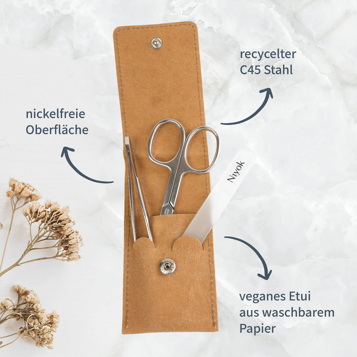 Maniküre-Set 3-teilig im veganem Etui – Nagelschere, Glasnagelfeile & Pinzette