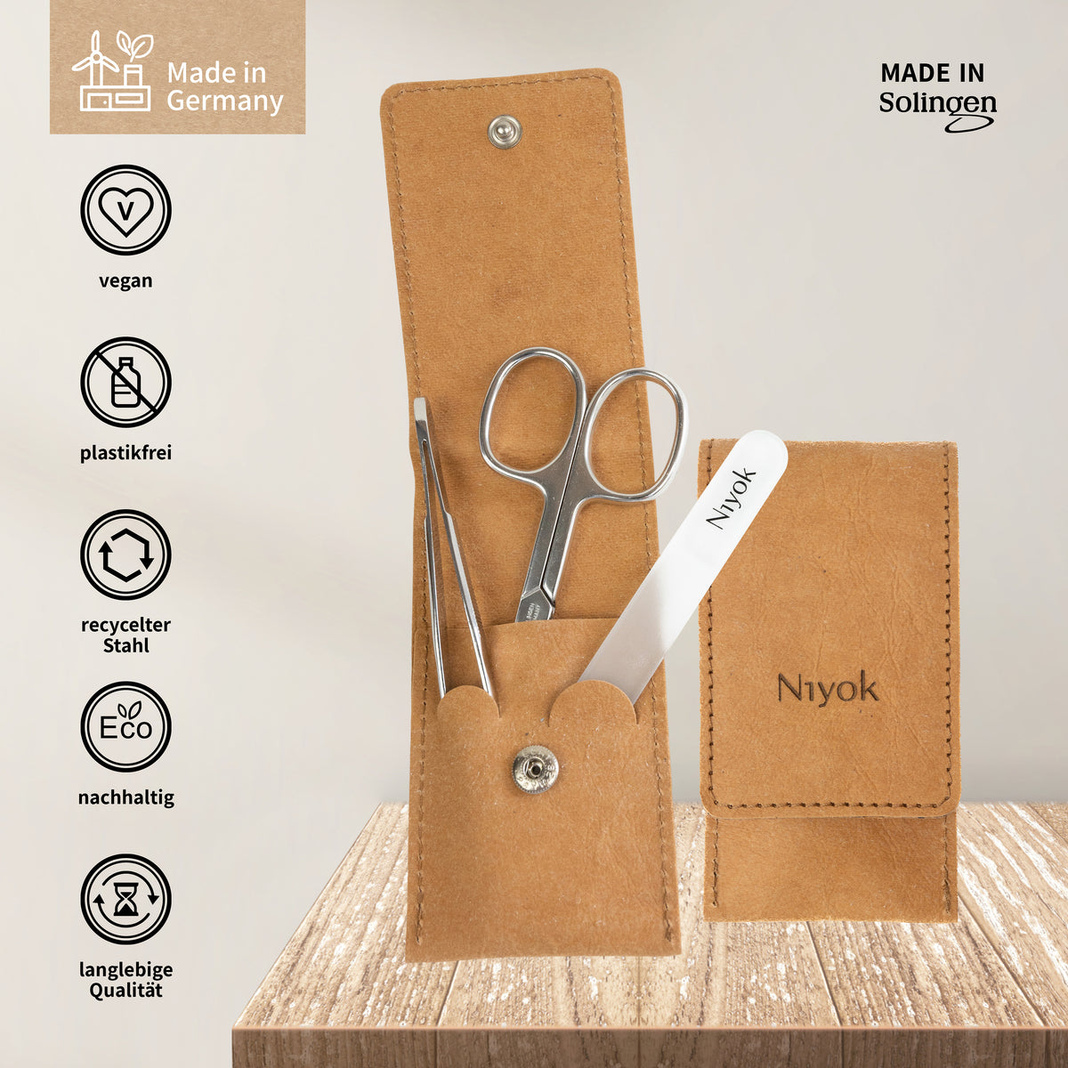 Maniküre-Set 3-teilig im veganem Etui – Nagelschere, Glasnagelfeile & Pinzette