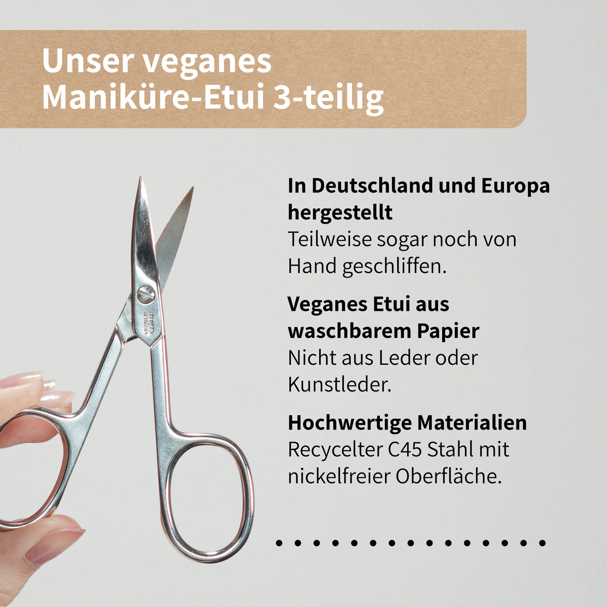 Maniküre-Set 3-teilig im veganem Etui – Nagelschere, Glasnagelfeile & Pinzette