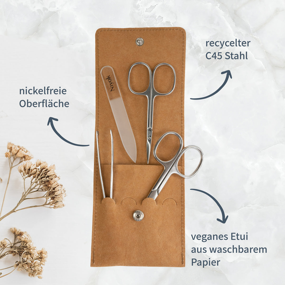 Maniküre-Set 4-teilig im veganem Etui – Nagelschere, Hautschere, Glasnagelfeile & Pinzette