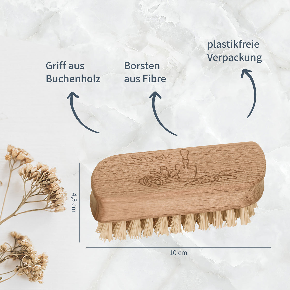 Garten‑Handwaschbürste aus Buchenholz – feste Fibre‑Borsten, ergonomische Griffmulde