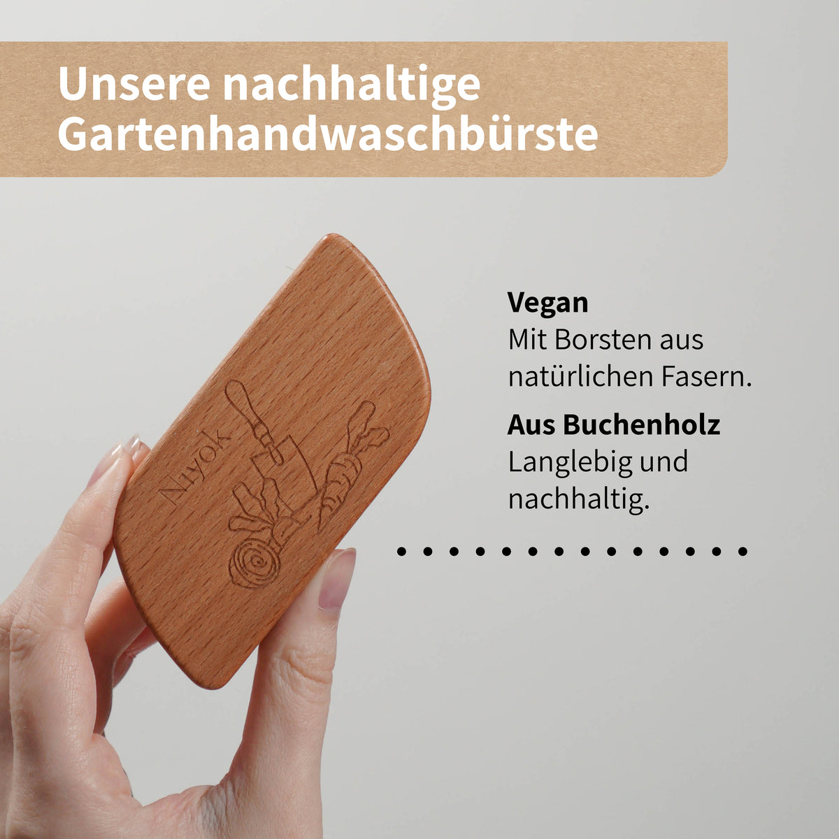 Garten‑Handwaschbürste aus Buchenholz – feste Fibre‑Borsten, ergonomische Griffmulde