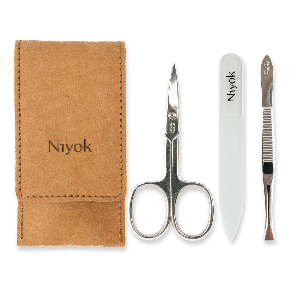 Maniküre-Set 3-teilig im veganem Etui – Nagelschere, Glasnagelfeile & Pinzette