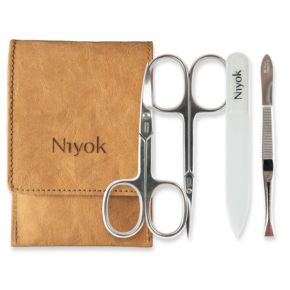 Maniküre-Set 4-teilig im veganem Etui – Nagelschere, Hautschere, Glasnagelfeile & Pinzette