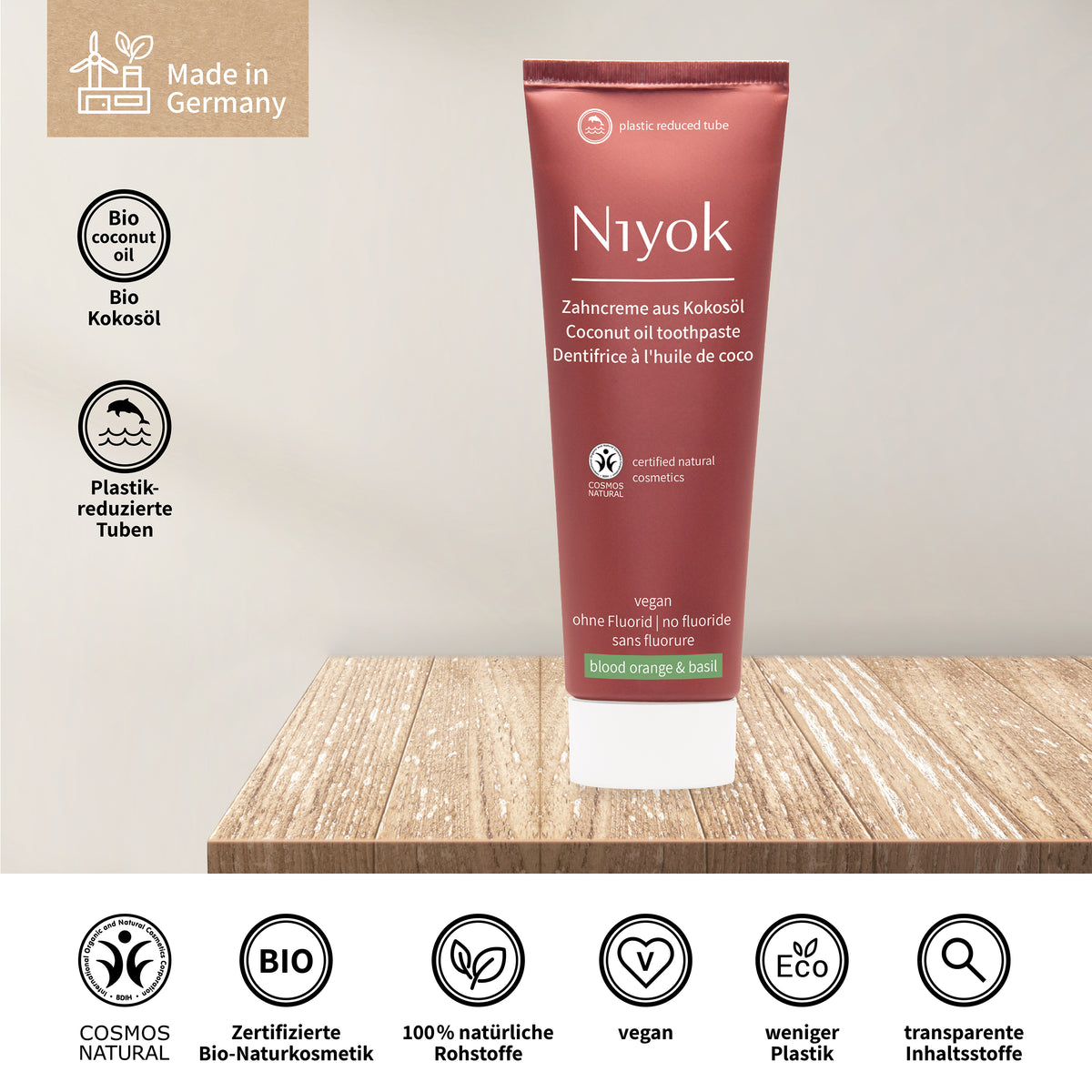 Zahncreme aus Kokosöl – Natürlich Weiß & Fruchtig Frisch (Blutorange Basilikum) - Vegan & ohne Fluorid