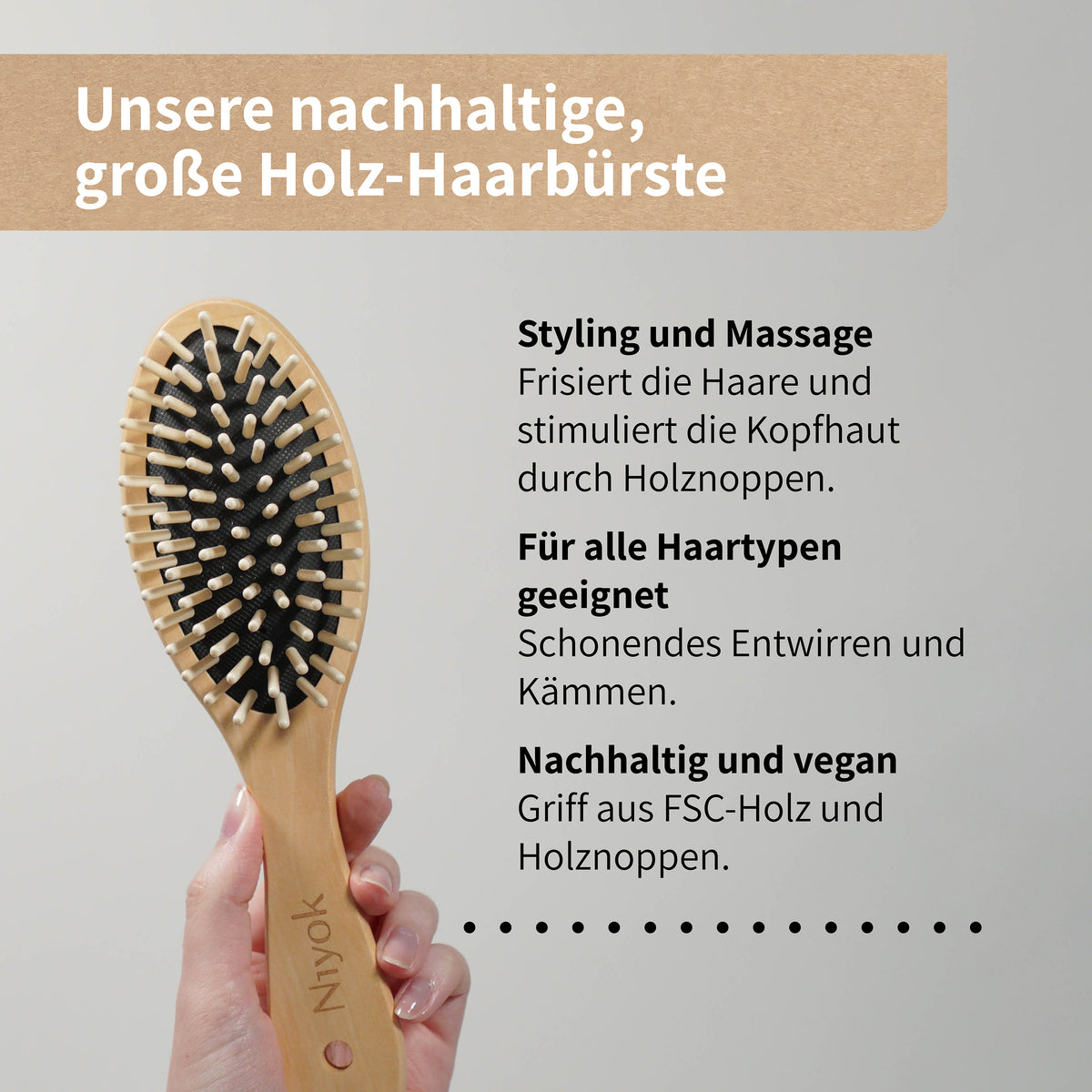 Haarbürste (groß) mit Massage-Holznoppen – schonend & pflegend
