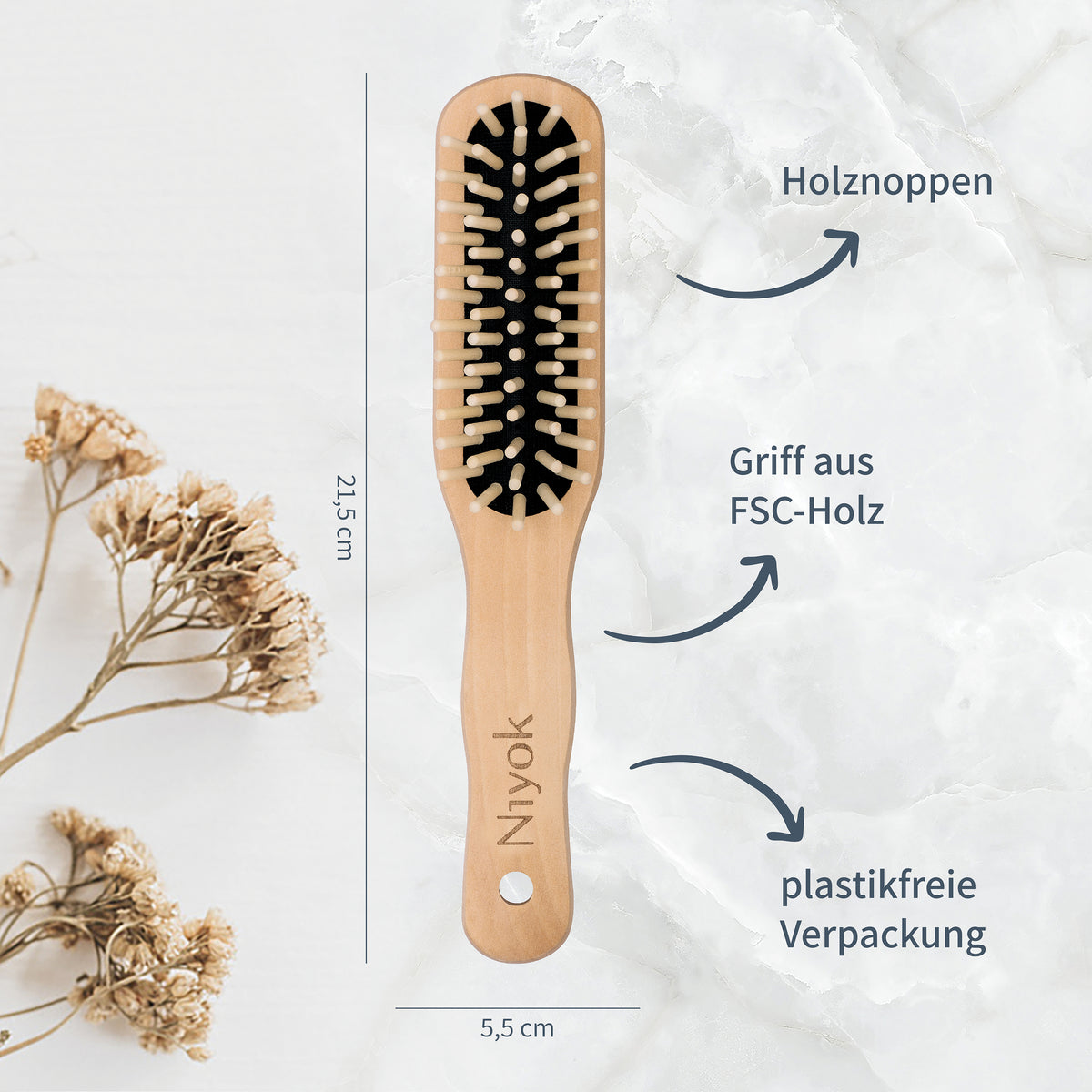 Haarbürste mit Holznoppen (länglich) – schonendes Entwirren & Kopfhautmassage