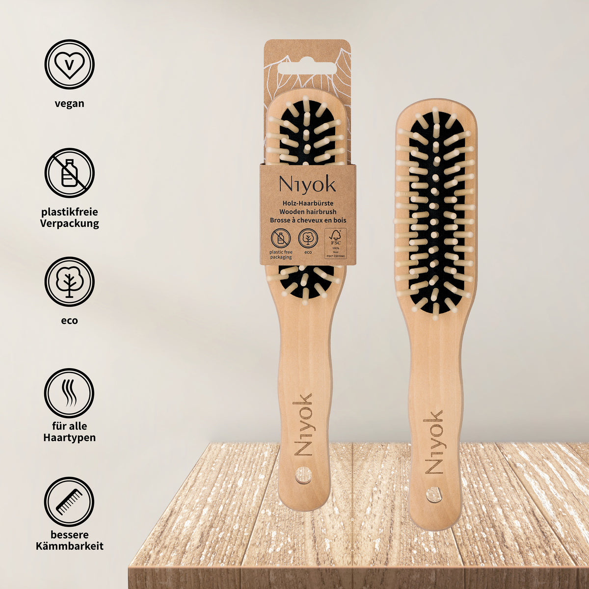 Haarbürste mit Holznoppen (länglich) – schonendes Entwirren & Kopfhautmassage