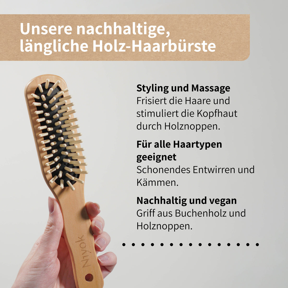Haarbürste mit Holznoppen (länglich) – schonendes Entwirren & Kopfhautmassage