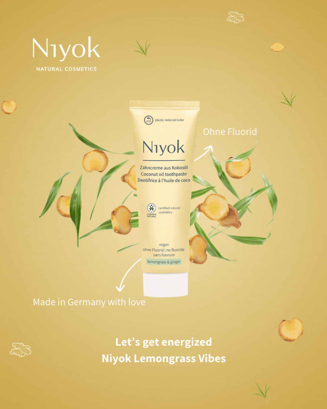 Zahncreme aus Kokosöl – Natürlich Weiß & Belebend (Zitronengras Ingwer) - Vegan & ohne Fluorid